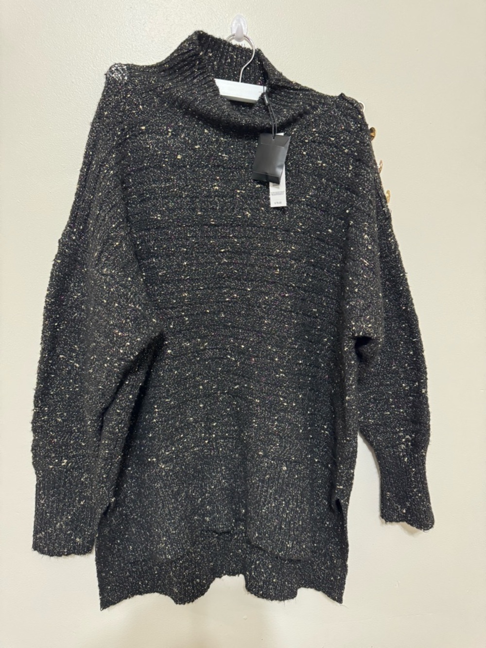 Tahari Black Speckled Turtleneck Sweater with Shoulder Buttons